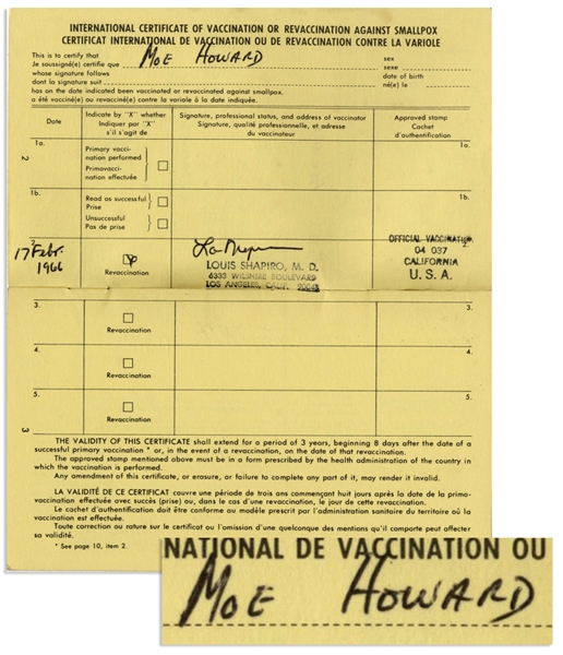 Moe Howard Signed International Certificate of Vaccination, Dated February 1966 -- His Name & Information Also Likely Filled Out in His Hand -- Booklet Measures 3.5'' x 6'' -- Very Good Condition